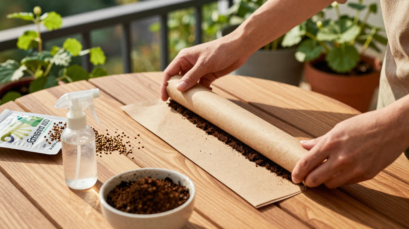 Hands rolling paper over soil and seeds on a wooden table with a spray bottle and seed packet nearby.