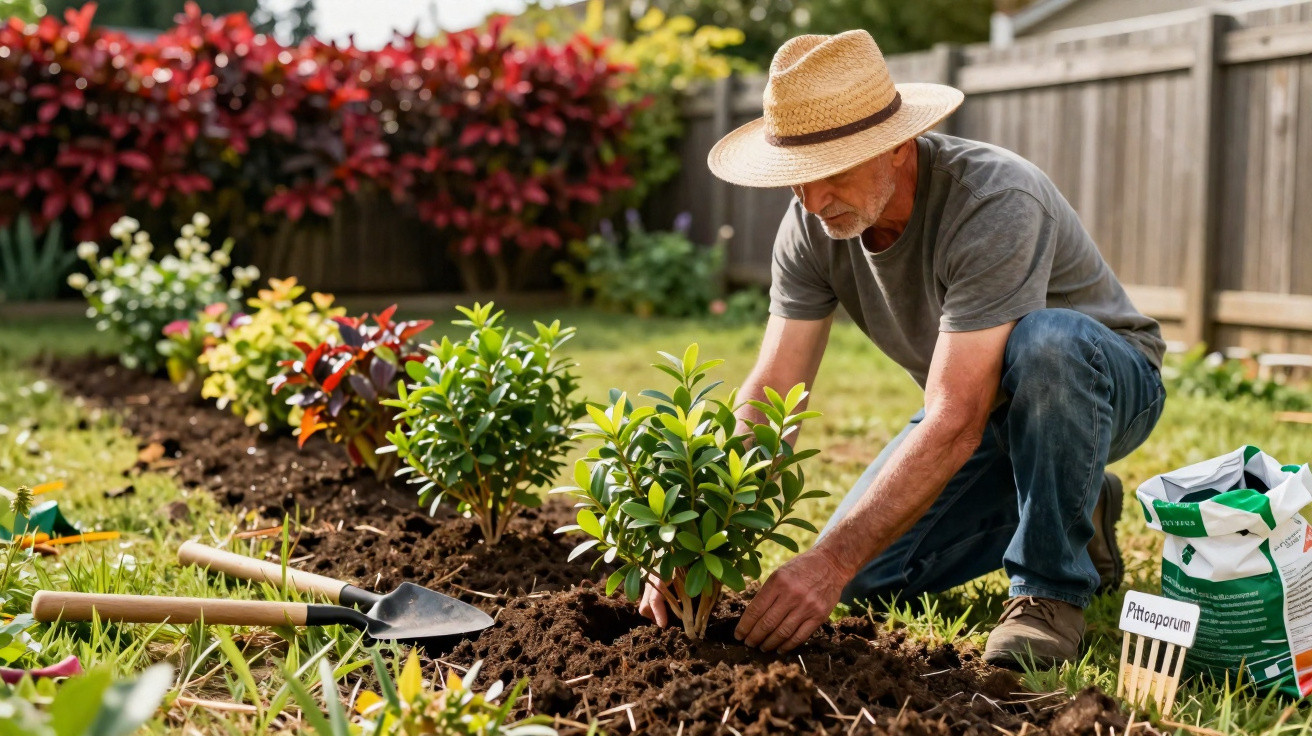 Older man in a straw hat planting shrubs in a garden bed with gardening tools and plant bags nearby.