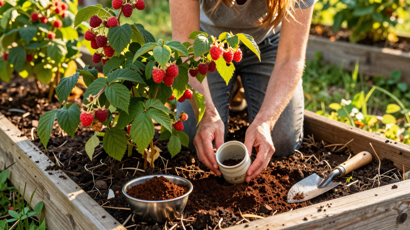 Person gardening raspberries in a raised bed, holding a small pot and surrounded by soil and gardening tools.