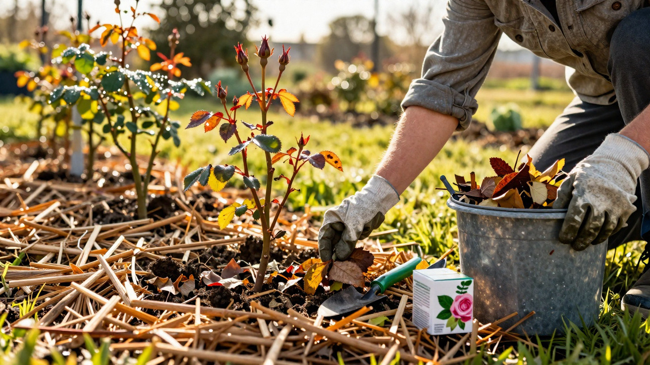 Person gardening, wearing gloves, collecting fallen leaves around a young rose plant in a sunlit garden.