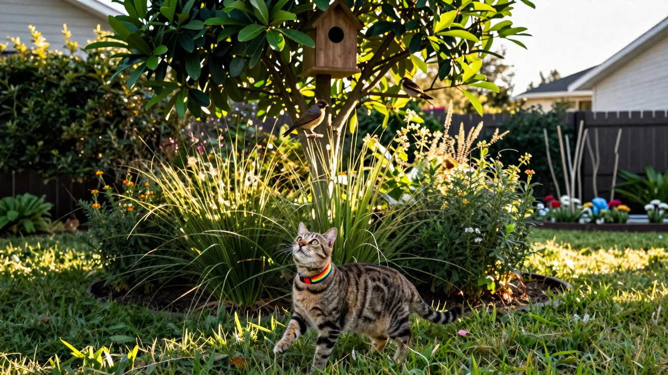 Tabby cat wearing a rainbow collar looking up near a birdhouse surrounded by plants in a sunny garden.