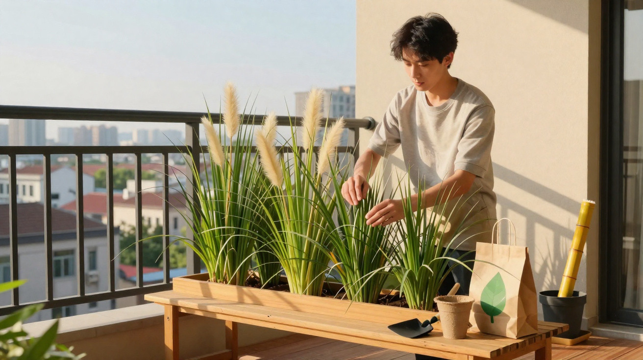Young man tending to ornamental grasses on a sunny balcony with gardening tools and a paper bag nearby