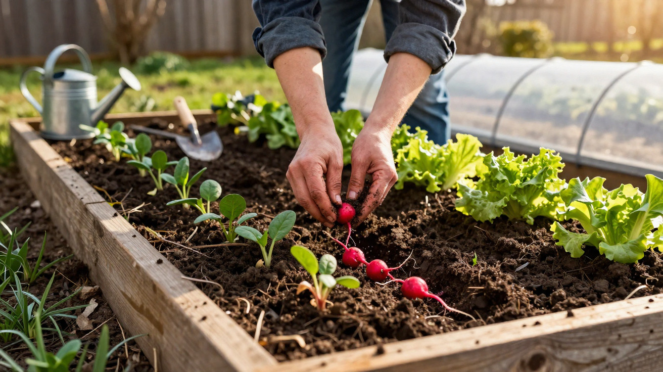Person harvesting freshly grown radishes from a raised garden bed with lettuce and seedlings nearby.