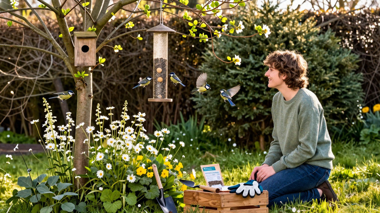 Person kneeling in a garden watching blue tits feeding from a hanging bird feeder near blooming flowers.