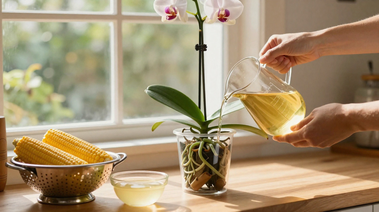 Person watering a potted orchid with a clear measuring jug on a sunlit kitchen windowsill.