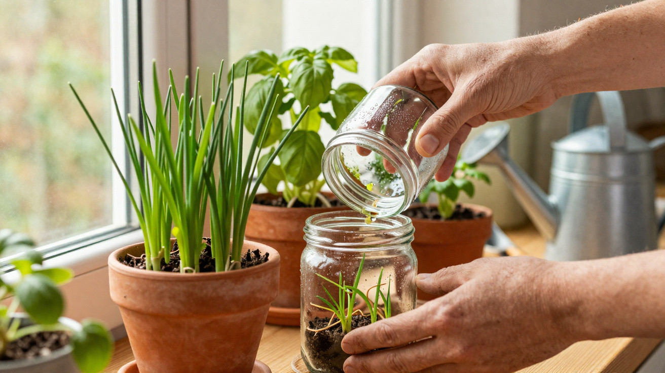 Person watering small green plants growing in a glass jar on a sunny windowsill with other potted herbs.